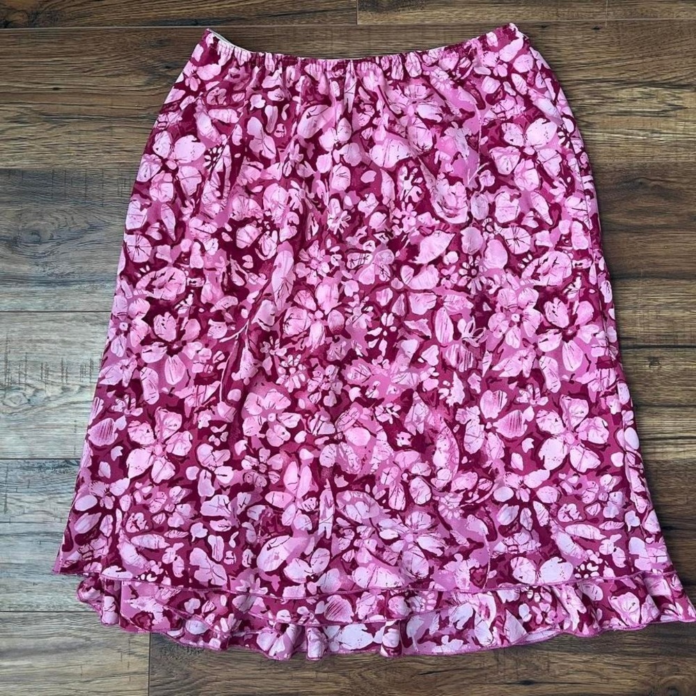 Vintage Pink Floral Midi Skirt Ruffle Flowy 90s Y2K Feminine Women L Coquette